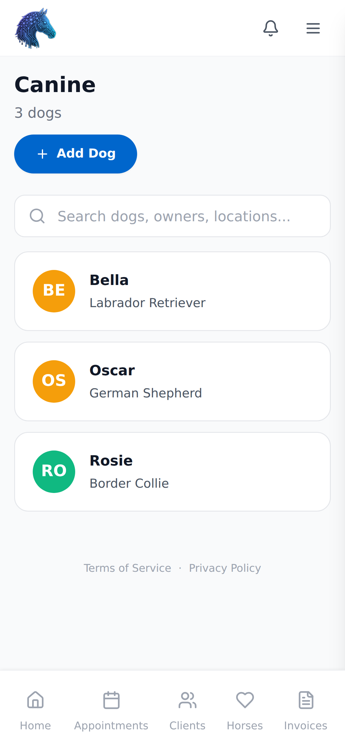Equine Practitioner app - canine list
