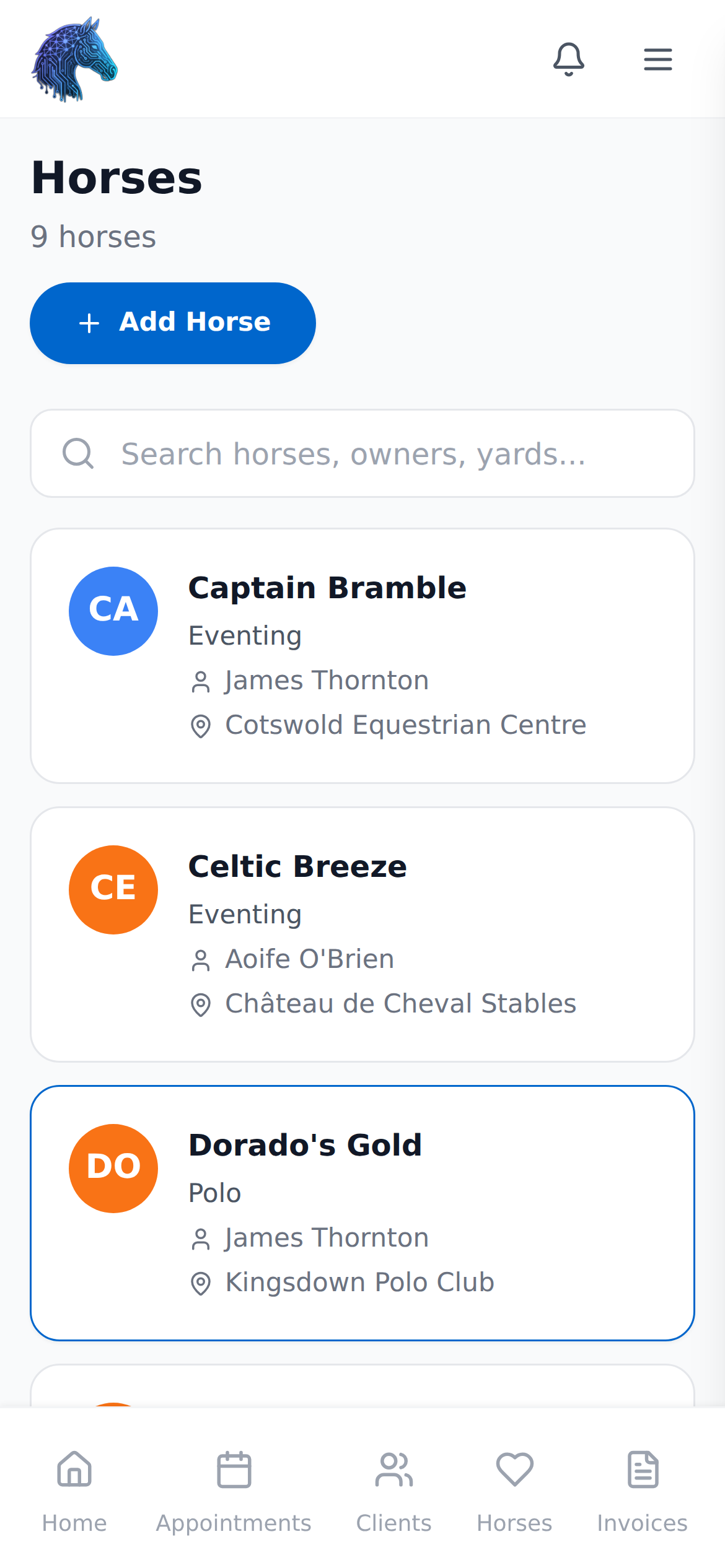Equine Practitioner app - horses list