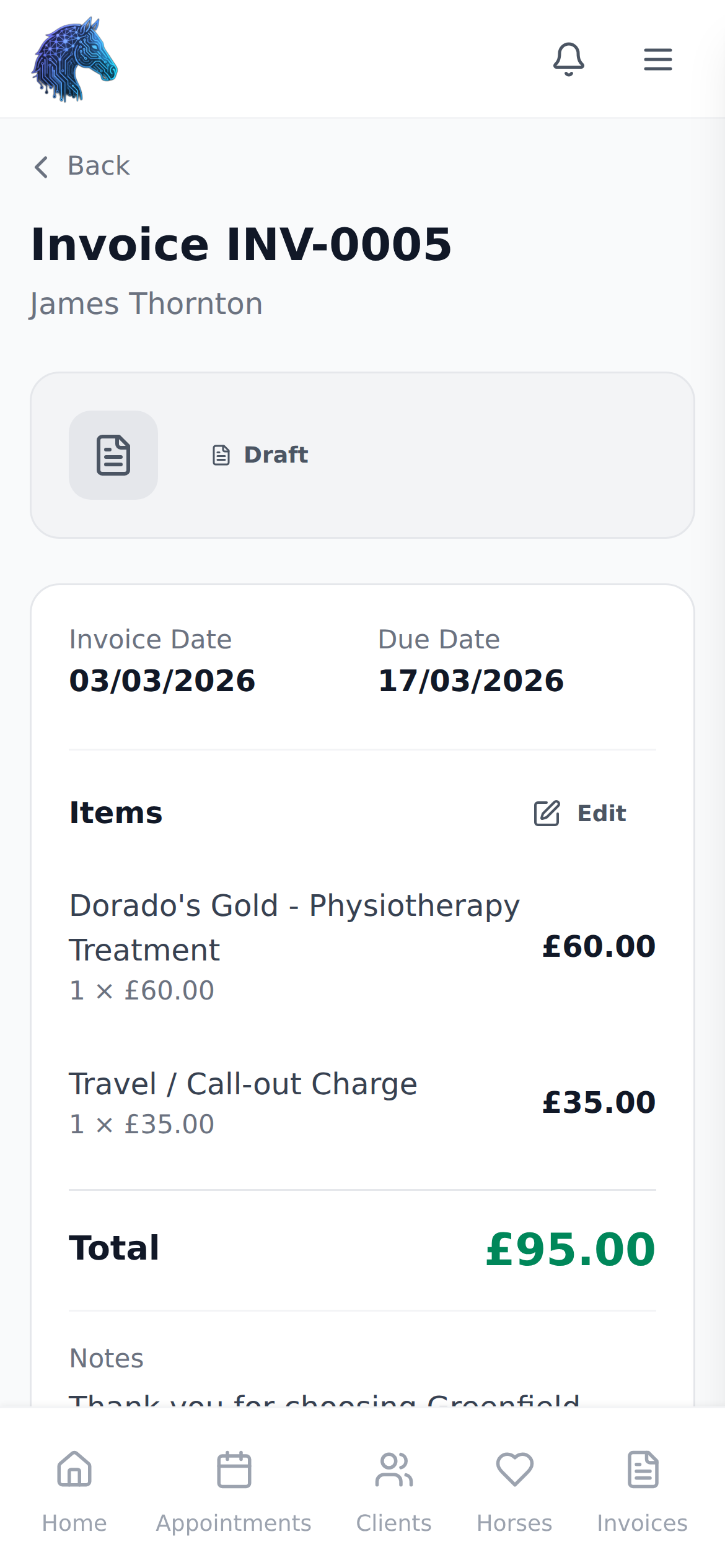 Invoicing screen